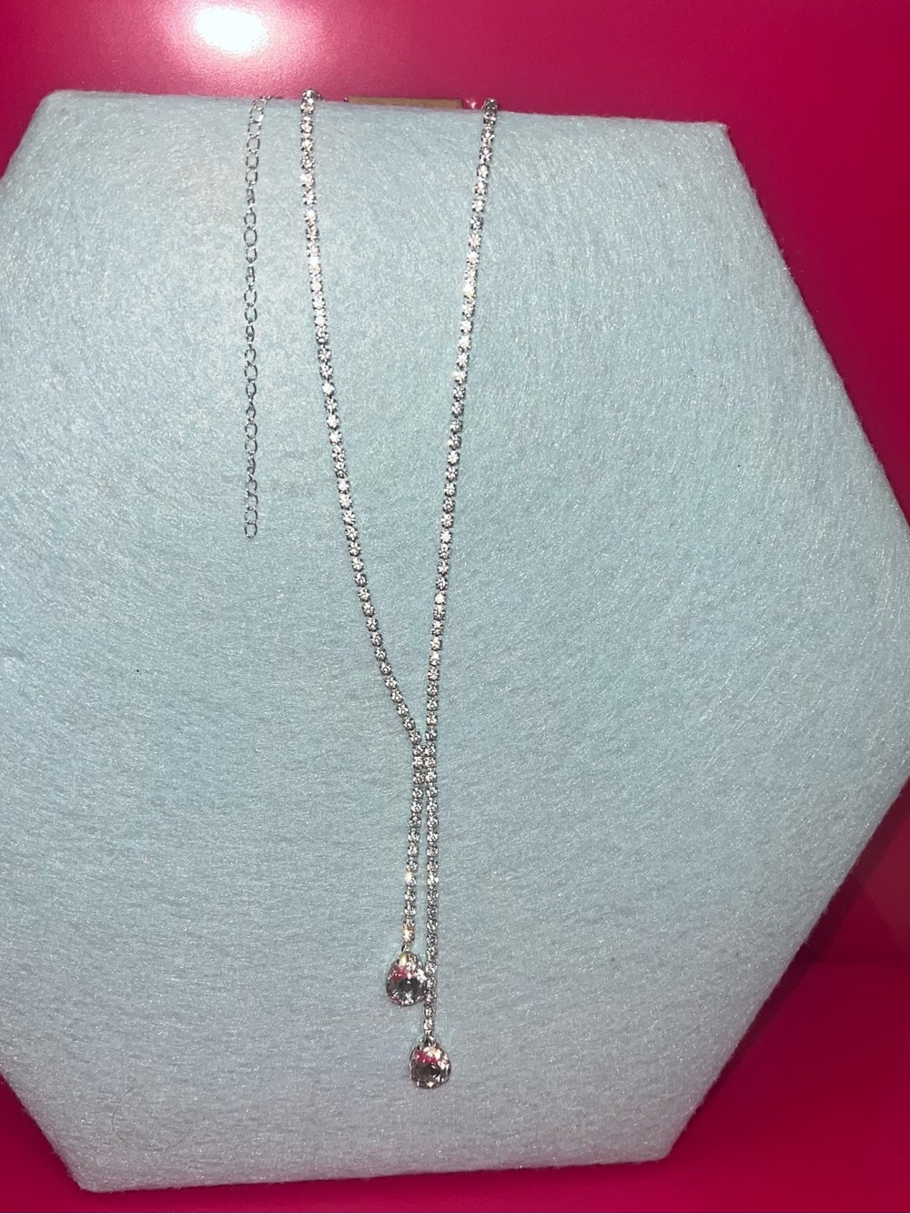 Silver Drop Lariat Necklace with Clear Crystal Pendants